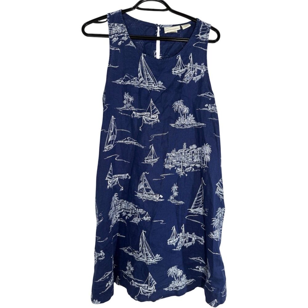 Cynthia Rowley Womens Blue Linen Shift Dress Sz M Beachy Travel Tropical Boat